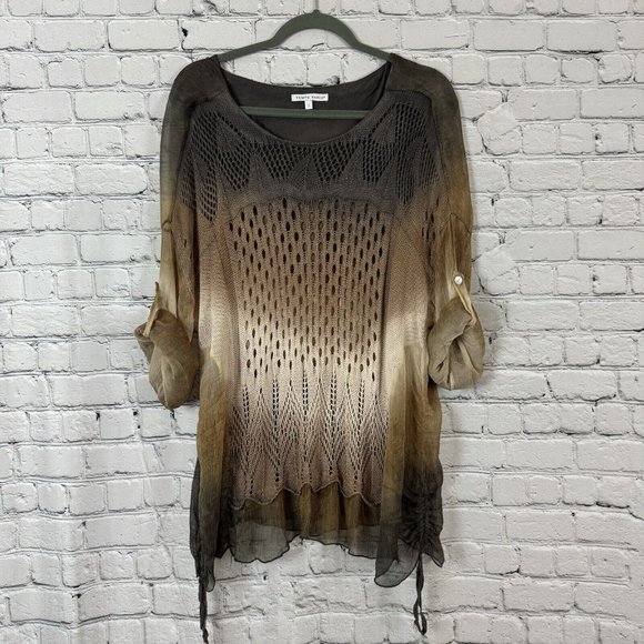 Tempo Paris Brown Ombré Knit Tunic Top Womens Size S Crochet Sheer Drawstring - Picture 2 of 11